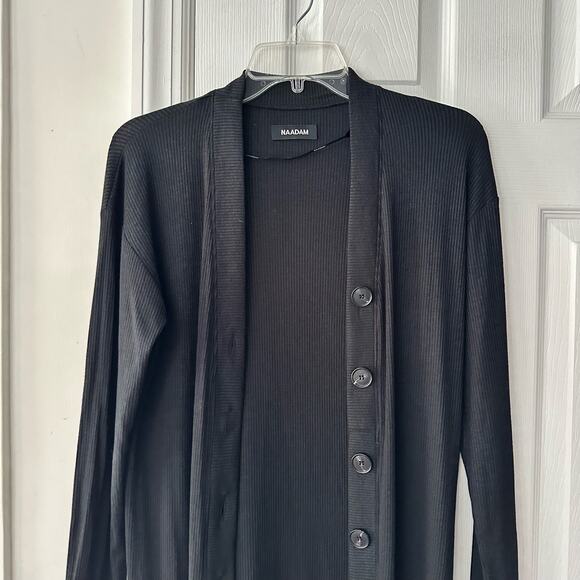Naadam Black Ribbed Long Line Lightweight Duster Cardigan Button Up XXS - Picture 4 of 11